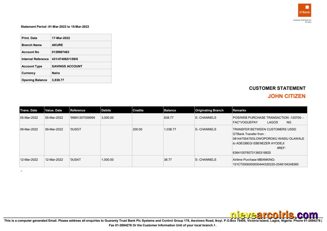 Nigeria Guaranty Trust Bank (GTBank) savings account statement Word and PDF